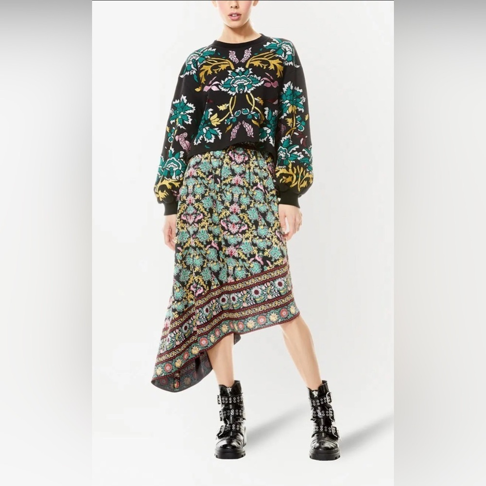 NWT $350 Alice + Olivia Natalina Sz 10 black floral-print asymmetric midi skirt - Picture 2 of 16